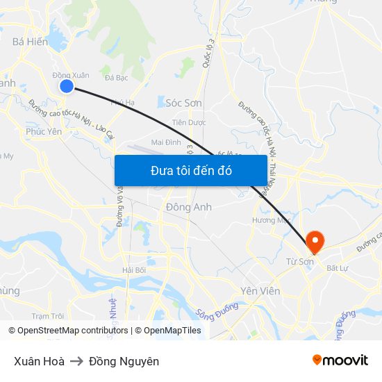 Xuân Hoà to Đồng Nguyên map