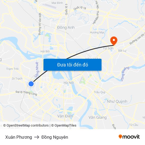 Xuân Phương to Đồng Nguyên map