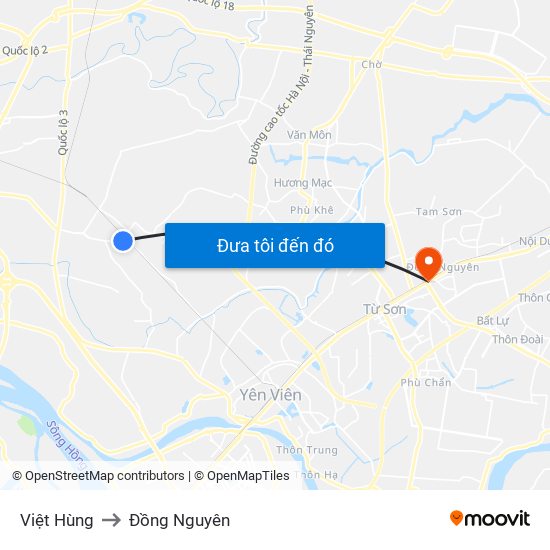 Việt Hùng to Đồng Nguyên map