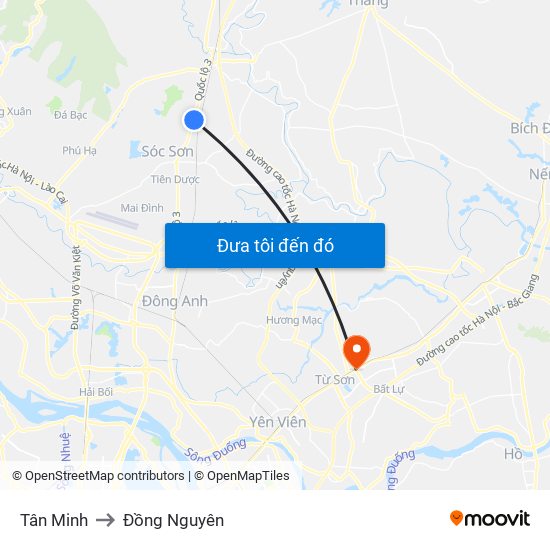 Tân Minh to Đồng Nguyên map