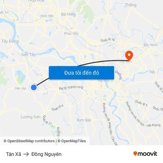 Tân Xã to Đồng Nguyên map