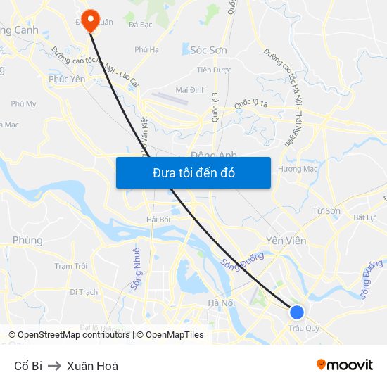 Cổ Bi to Xuân Hoà map