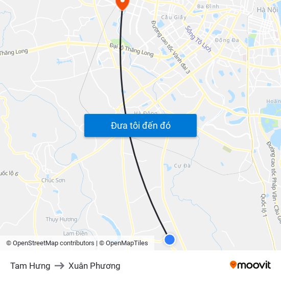 Tam Hưng to Xuân Phương map