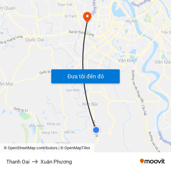 Thanh Oai to Xuân Phương map