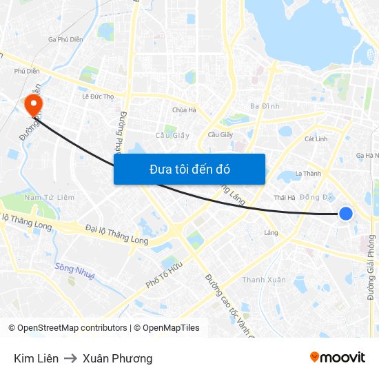 Kim Liên to Xuân Phương map