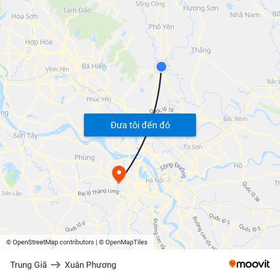 Trung Giã to Xuân Phương map