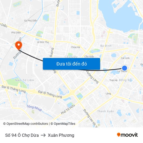 Số 94 Ô Chợ Dừa to Xuân Phương map