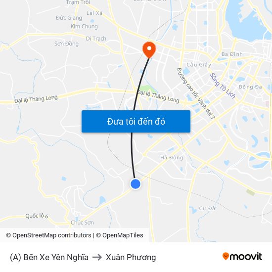 (A) Bến Xe Yên Nghĩa to Xuân Phương map