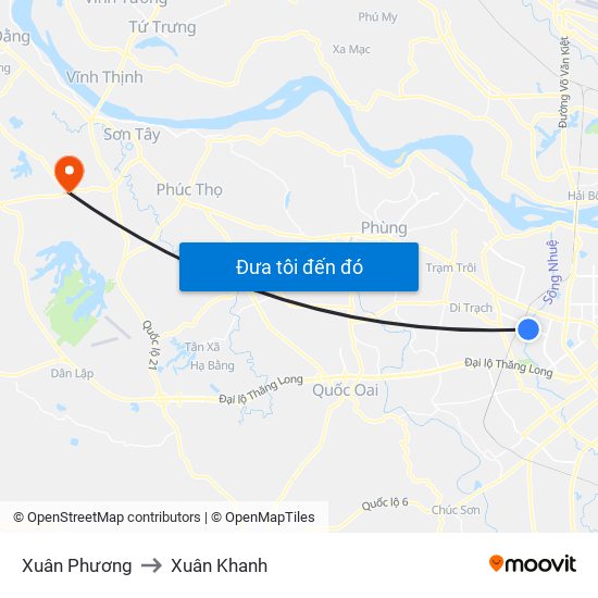 Xuân Phương to Xuân Khanh map