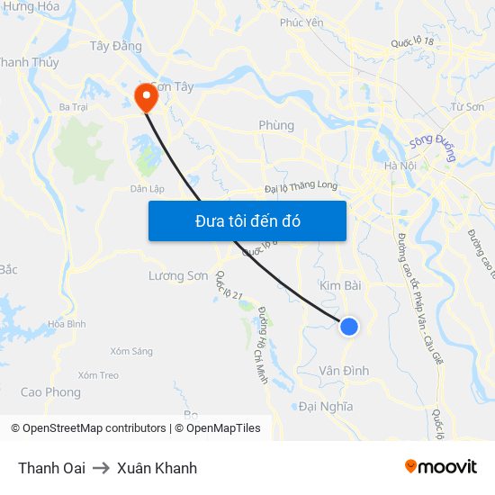 Thanh Oai to Xuân Khanh map