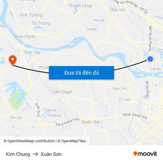 Kim Chung to Xuân Sơn map