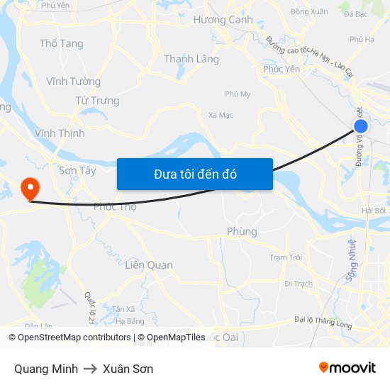 Quang Minh to Xuân Sơn map
