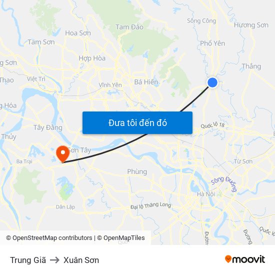 Trung Giã to Xuân Sơn map