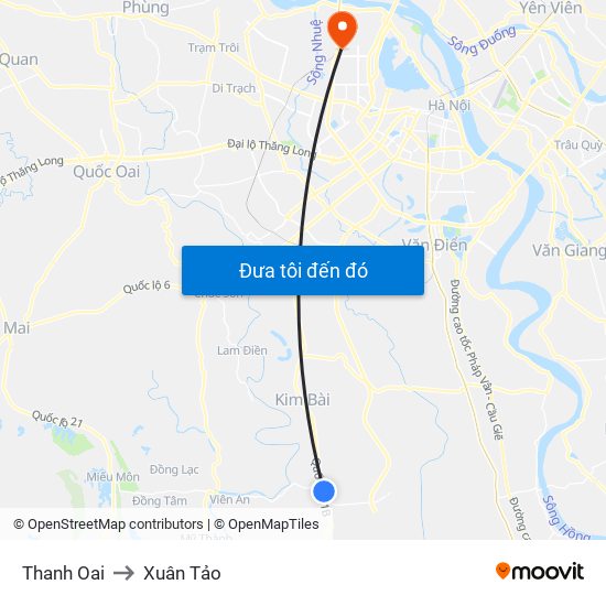 Thanh Oai to Xuân Tảo map