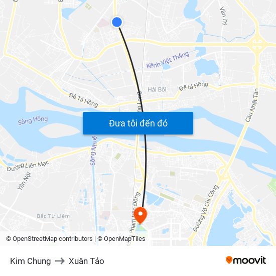 Kim Chung to Xuân Tảo map