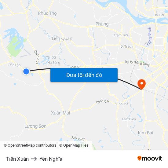 Tiến Xuân to Yên Nghĩa map