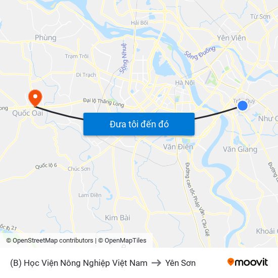 (B) Học Viện Nông Nghiệp Việt Nam to Yên Sơn map