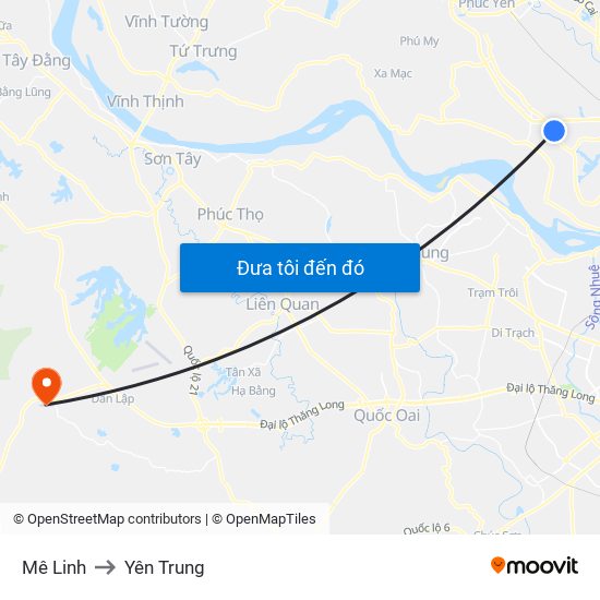 Mê Linh to Yên Trung map
