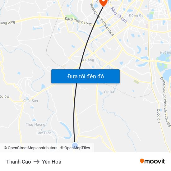 Thanh Cao to Yên Hoà map