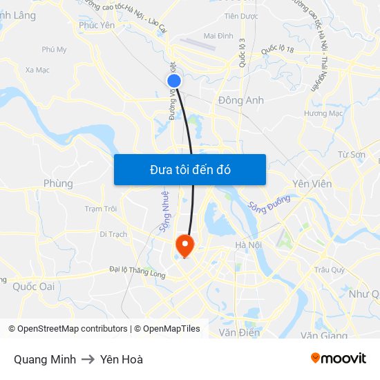 Quang Minh to Yên Hoà map
