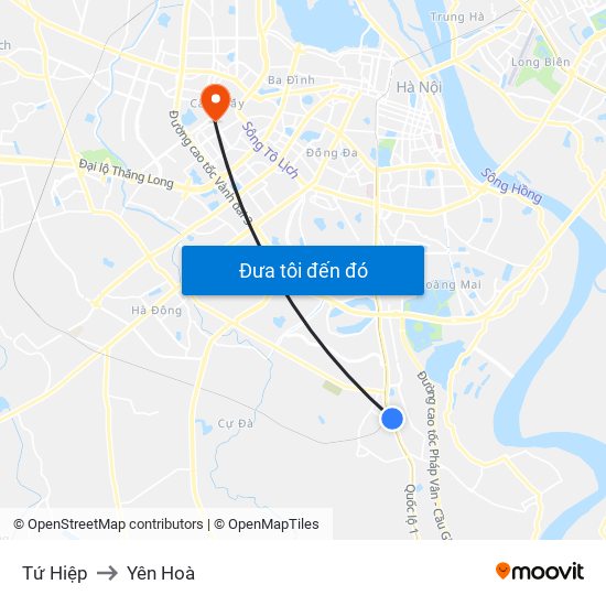 Tứ Hiệp to Yên Hoà map