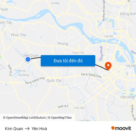 Kim Quan to Yên Hoà map