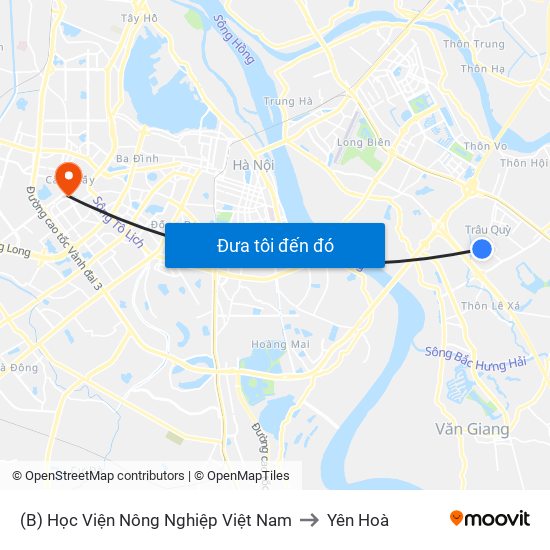 (B) Học Viện Nông Nghiệp Việt Nam to Yên Hoà map