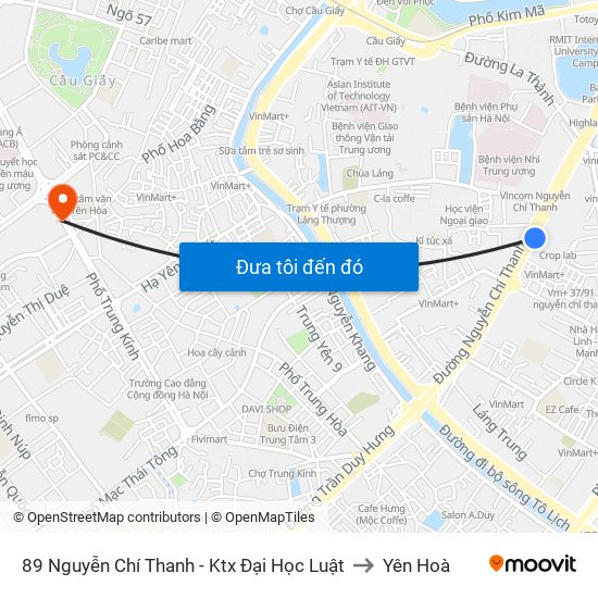 89 Nguyễn Chí Thanh - Ktx Đại Học Luật to Yên Hoà map