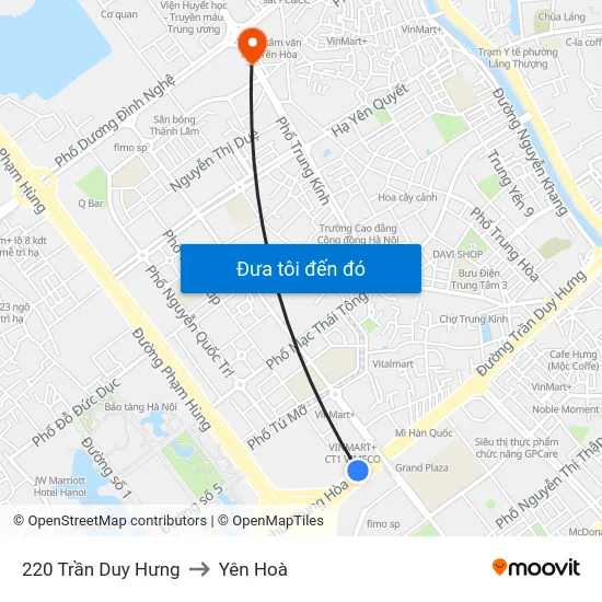 220 Trần Duy Hưng to Yên Hoà map