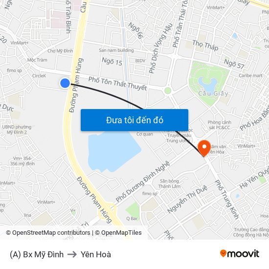 (A) Bx Mỹ Đình to Yên Hoà map