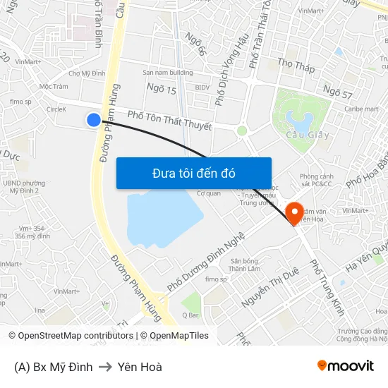 (A) Bx Mỹ Đình to Yên Hoà map