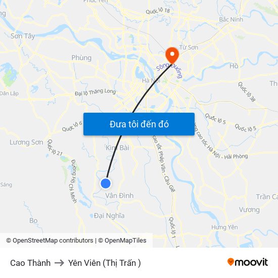 Cao Thành to Yên Viên (Thị Trấn ) map