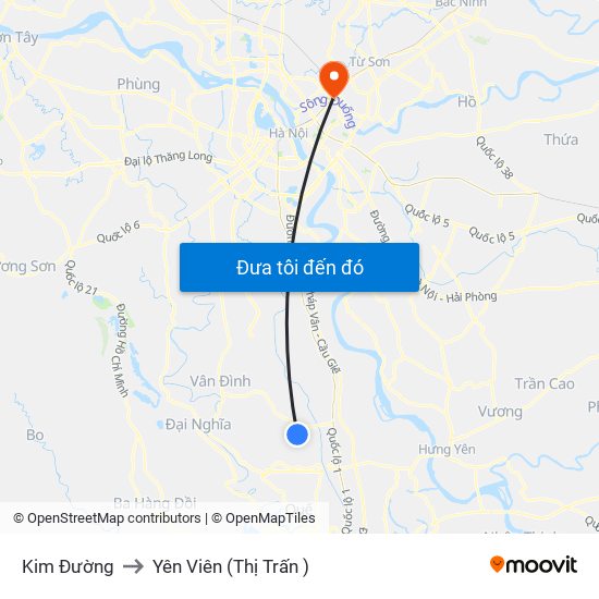 Kim Đường to Yên Viên (Thị Trấn ) map