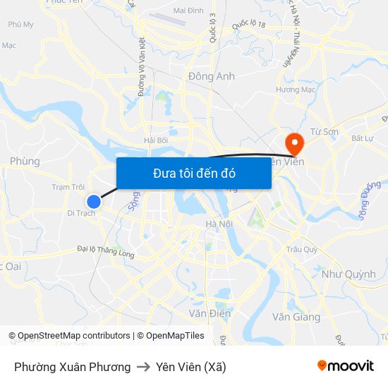 Phường Xuân Phương to Yên Viên (Xã) map