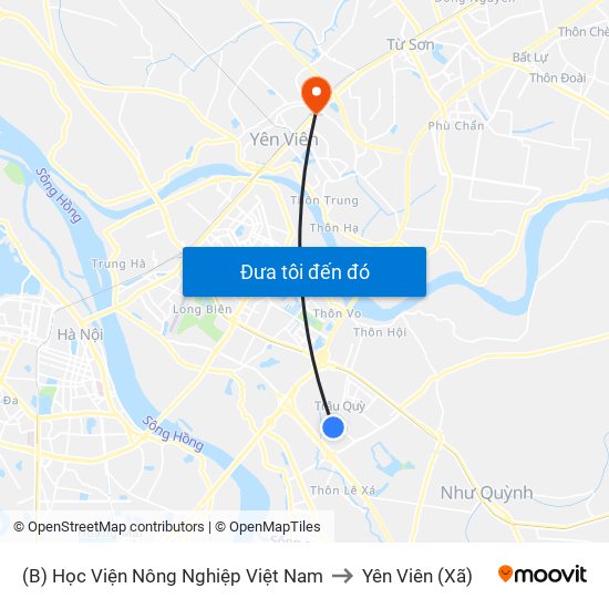 (B) Học Viện Nông Nghiệp Việt Nam to Yên Viên (Xã) map