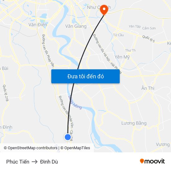 Phúc Tiến to Đình Dù map