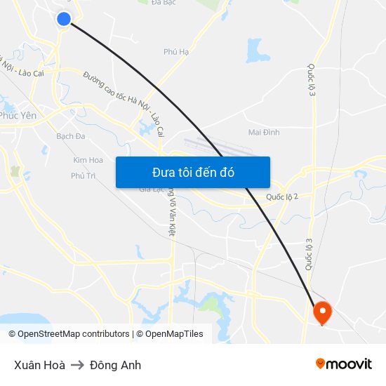 Xuân Hoà to Đông Anh map