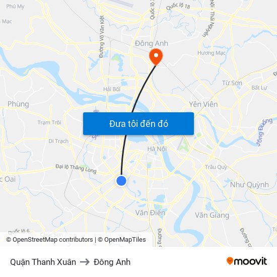 Quận Thanh Xuân to Đông Anh map