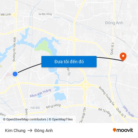 Kim Chung to Đông Anh map