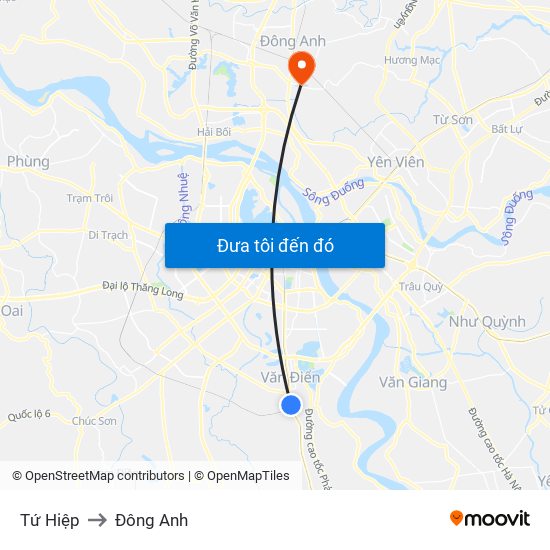 Tứ Hiệp to Đông Anh map