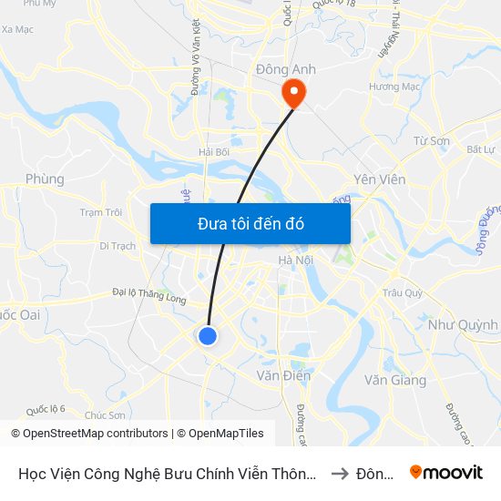Học Viện Công Nghệ Bưu Chính Viễn Thông - Trần Phú (Hà Đông) to Đông Anh map