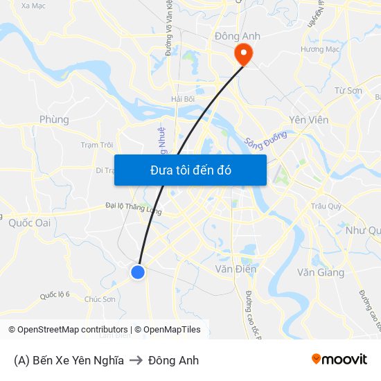 (A) Bến Xe Yên Nghĩa to Đông Anh map