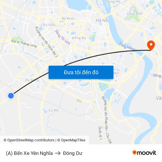 (A) Bến Xe Yên Nghĩa to Đông Dư map