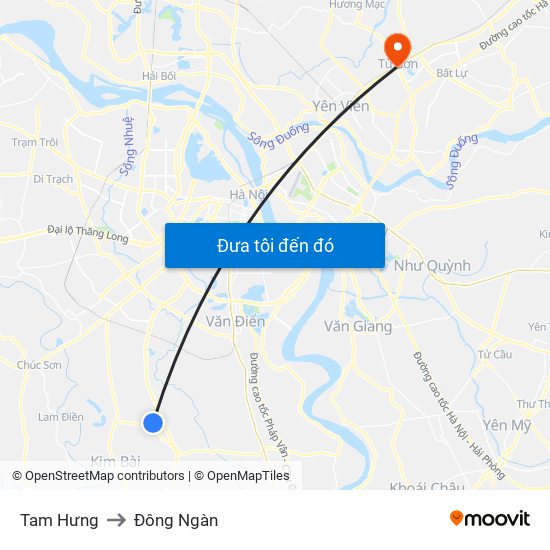 Tam Hưng to Đông Ngàn map