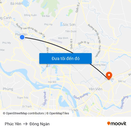 Phúc Yên to Đông Ngàn map