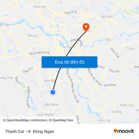 Thanh Oai to Đông Ngàn map