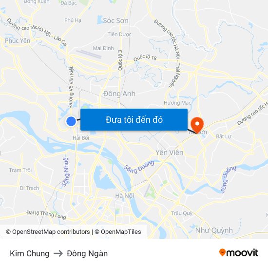 Kim Chung to Đông Ngàn map