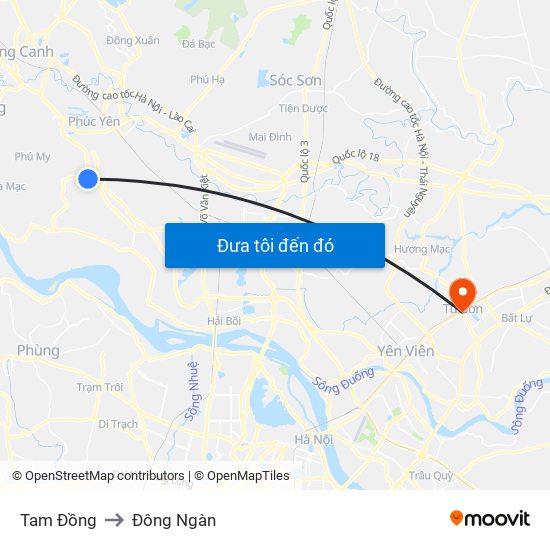Tam Đồng to Đông Ngàn map