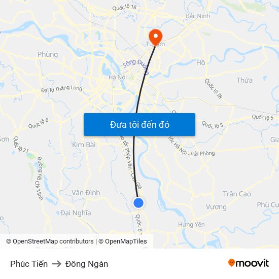 Phúc Tiến to Đông Ngàn map