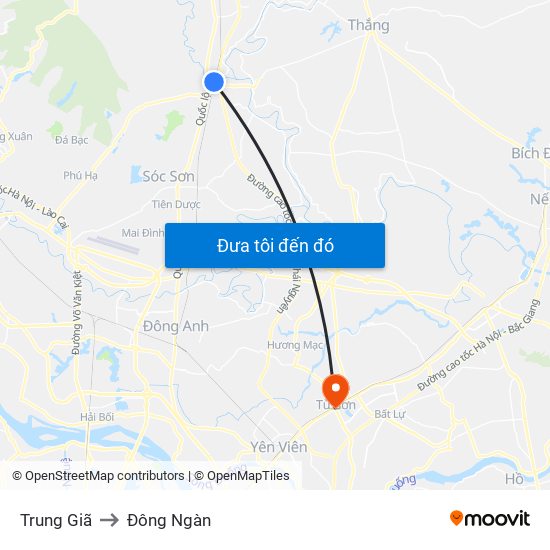 Trung Giã to Đông Ngàn map